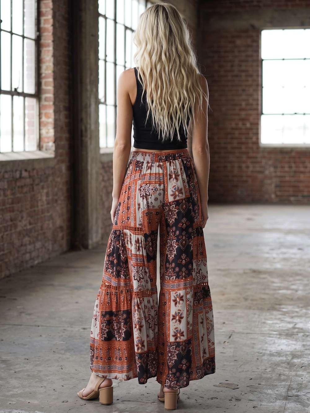 NWT Angie Boho Festival Floral Print Crochet Wide Leg Pants - Picture 5 of 6